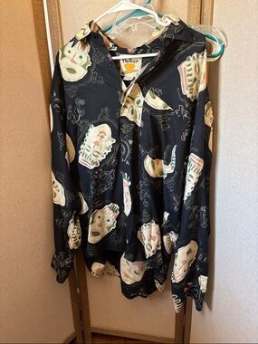 Protest Vintage Mask Print Button-Up Shirt in Black & Cream Small